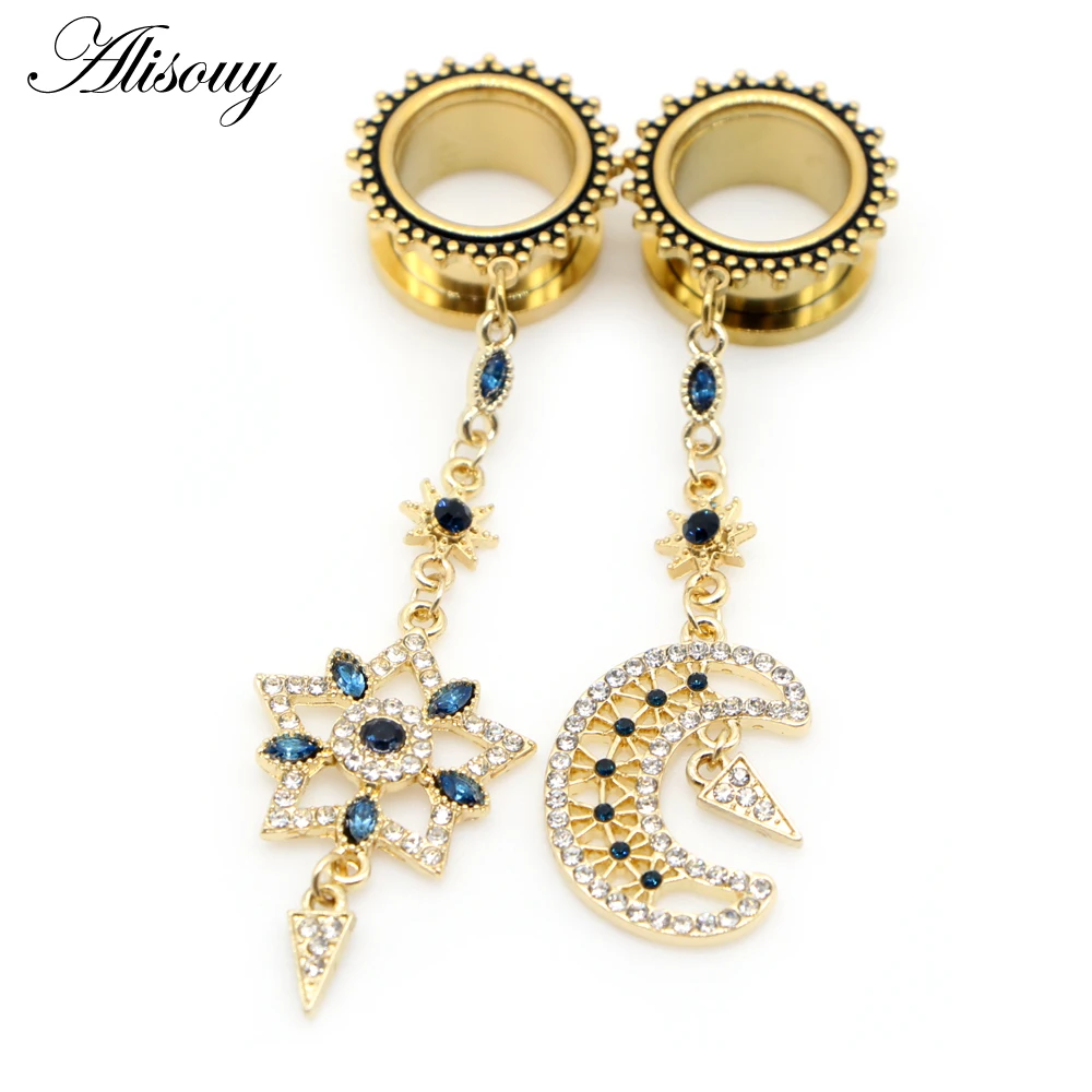 Alisouy 2pcs Star Moon Pendant Stainless Steel Ear Gauges Plugs Tunnels Expander Flesh Stretched Earrings Piercing Body Jewelry image 4