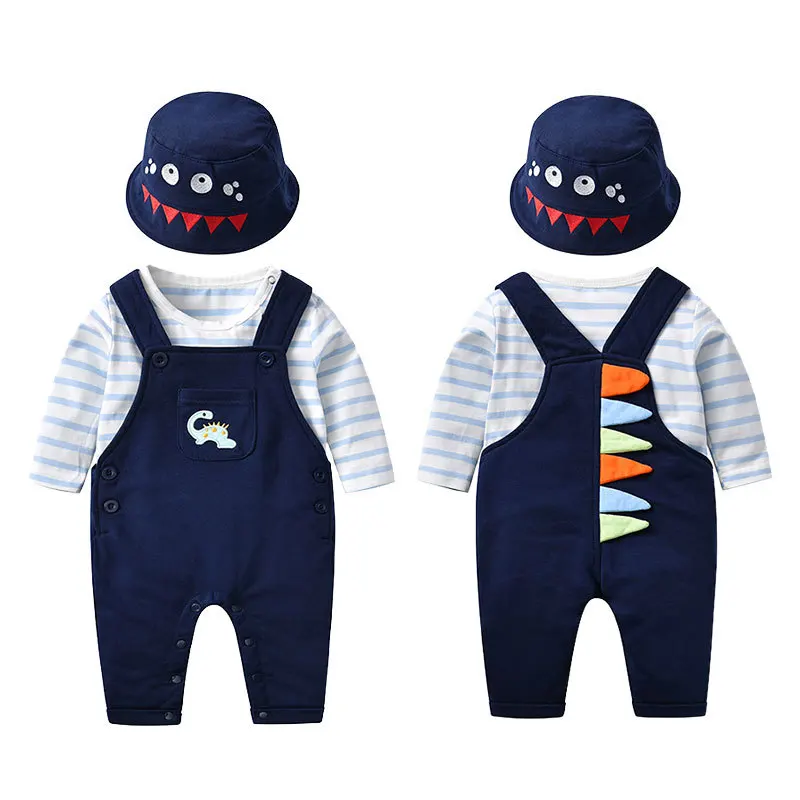 

3pcs/Set Children's Overalls Striped Tops Long-sleeved Dinosaurs, Boys' Overalls Cotton Comfortable Suit Wholesale