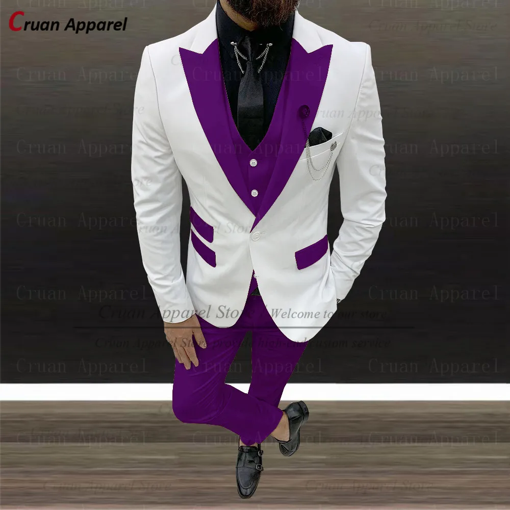 

20 Colors Fashion Designs White Suits Men Set Slim Fit Wedding Groom Groomsman Tuxedo New Casual Jacket Purple Vest Pants 3Pcs