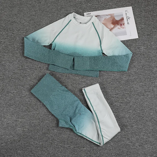 Sem costura gradiente legginsy + manga longa conjunto de yoga feminino colheita typu superior cintura alta calças esportivas ginásio