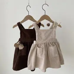 2023 Autumn New Baby Girl Retro Corduroy Dress Fashion Kids Sleeveless Strap Dress Square Collar Princess Dress Children Dresses