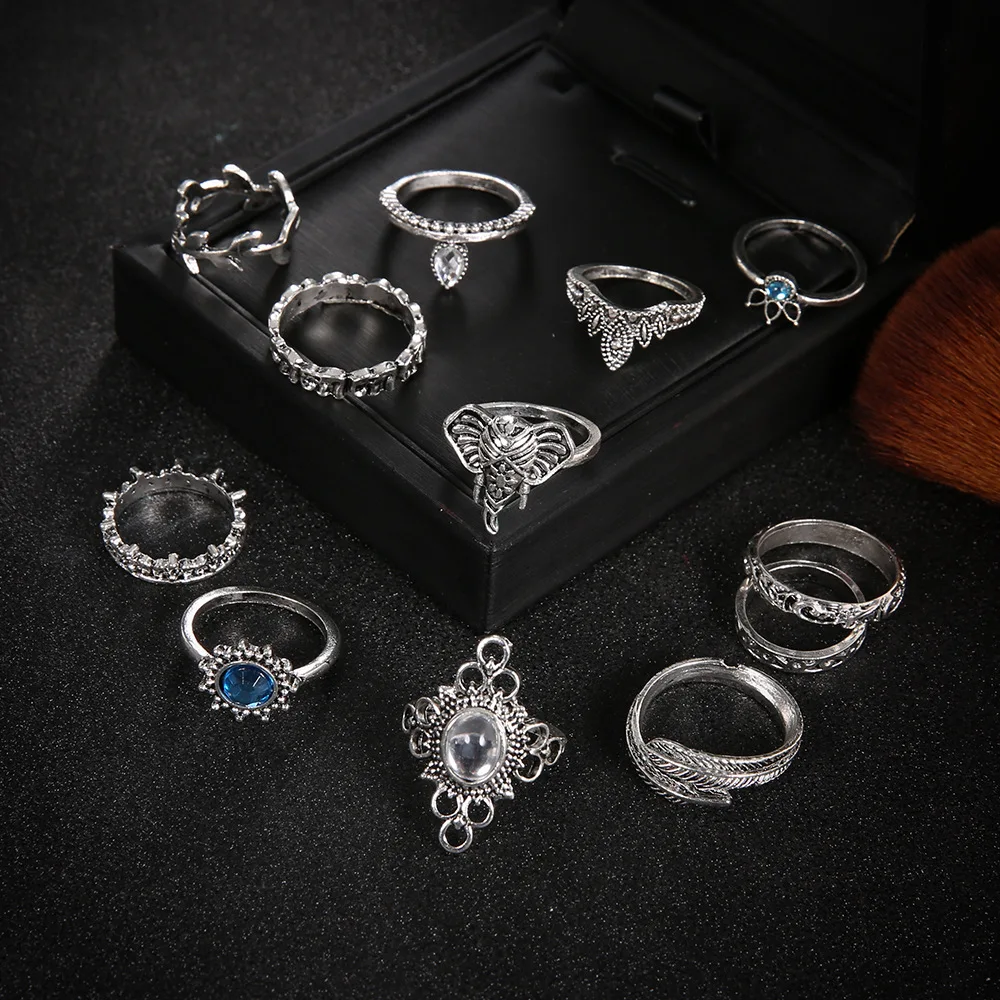 12pcs/Set Fashion Elephant Knuckle Rings Set For Women Crystal Stone Feather finger Ring Female Boho Party Jewelry Gift