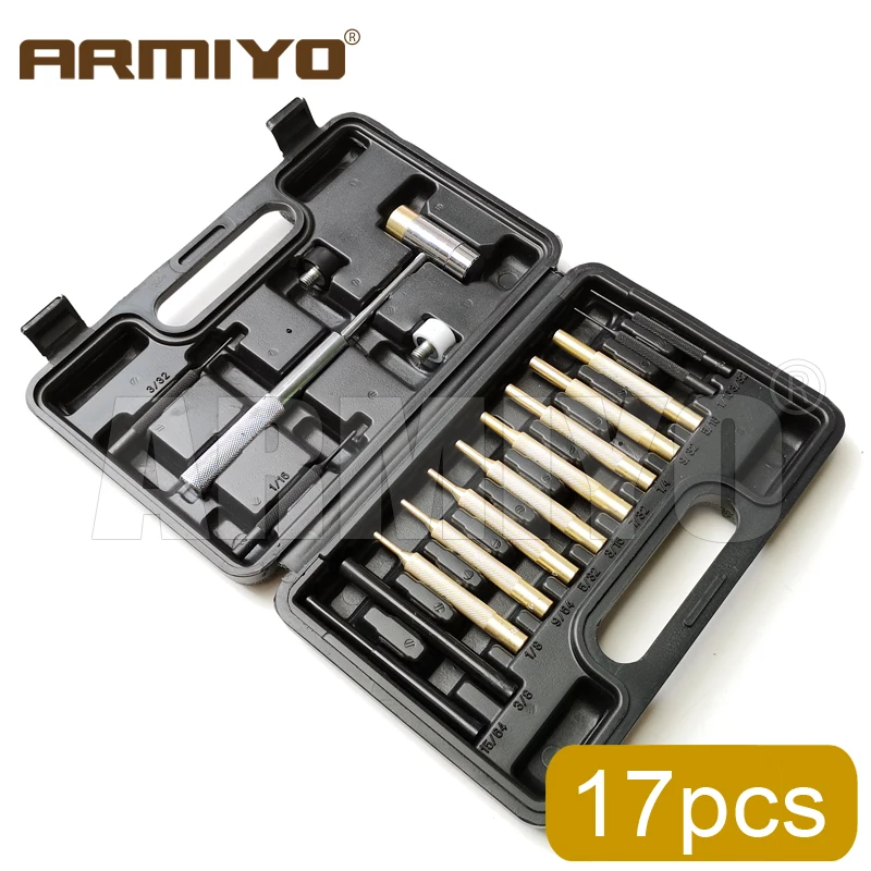 Armiyo 17 Pcs Brass Solid Roll Pin Gunsmithing Punch Set Tools Hammer for Jewelry and Watch Repair Hunting Accessories