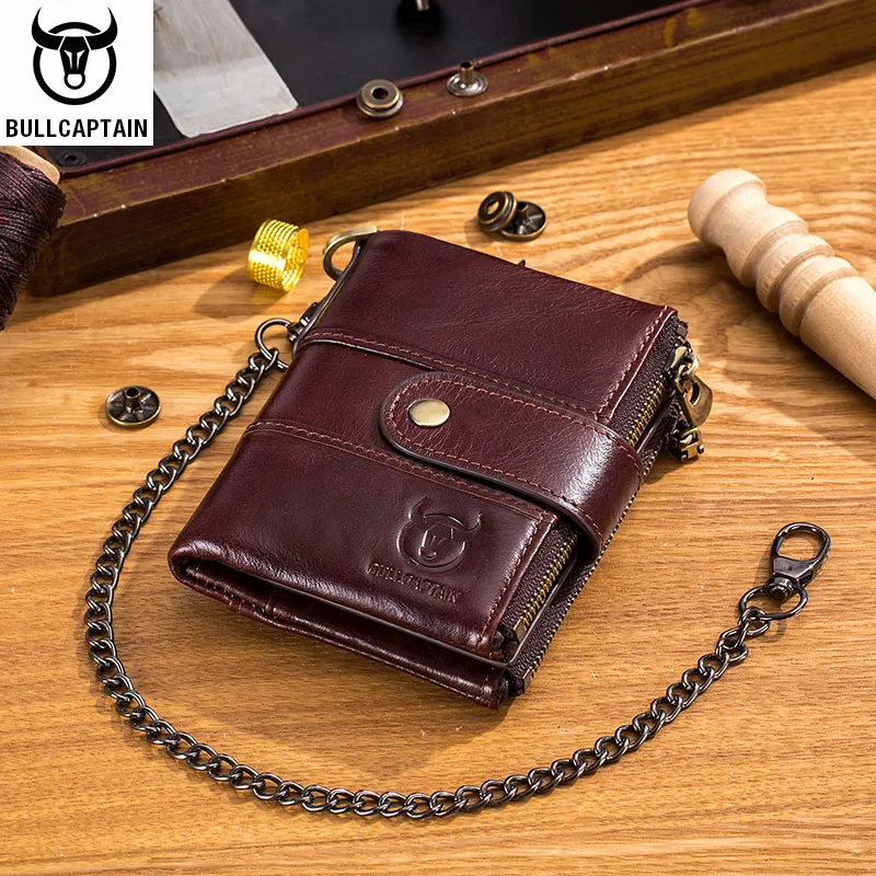 BULLCAPTAIN Genuine leather men's wallet coin purse compact mini card holder rfid blocking wallets chain combination wallet's