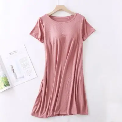 Vestido de noche de manga corta para mujer, Camisón de algodón con almohadillas en el pecho, talla grande, ropa de dormir cómoda