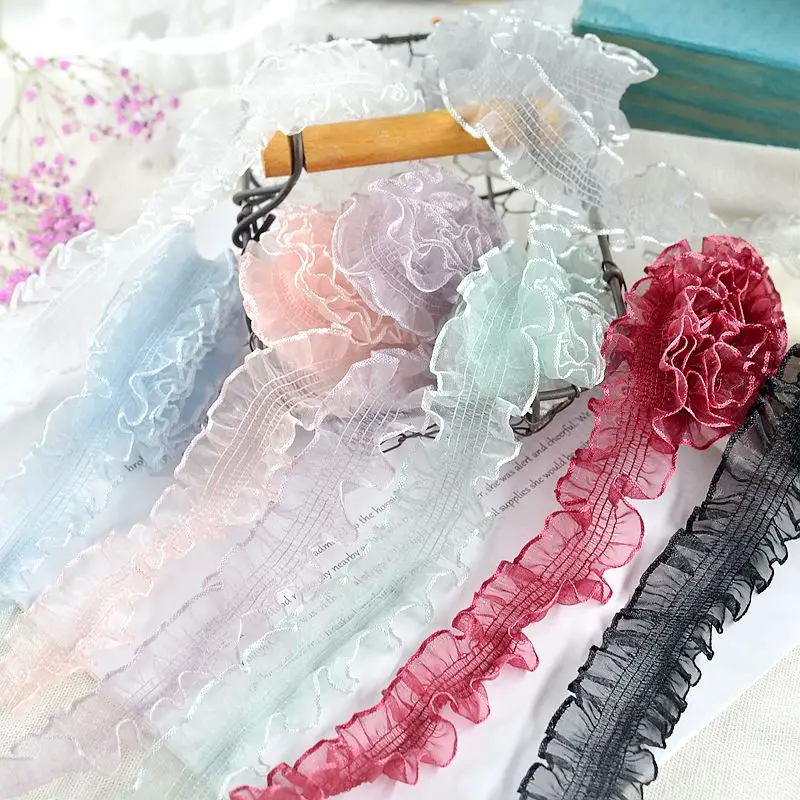 3cm Wide 5yard/lot Gauze Elastic Ribbon Pleated Lace Ribbon Tape Handmade Material X824