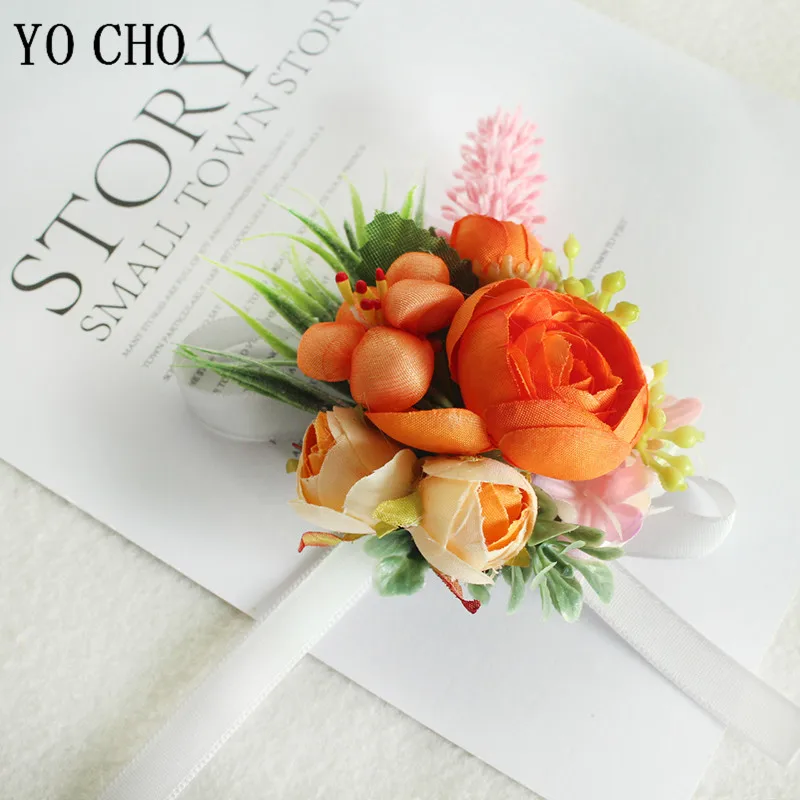 Yo cho casamento pulso corsage pulseira feminino noivo boutonniere pinos manguito pulseira dama de honra casamento testemunha de seda corsage flores