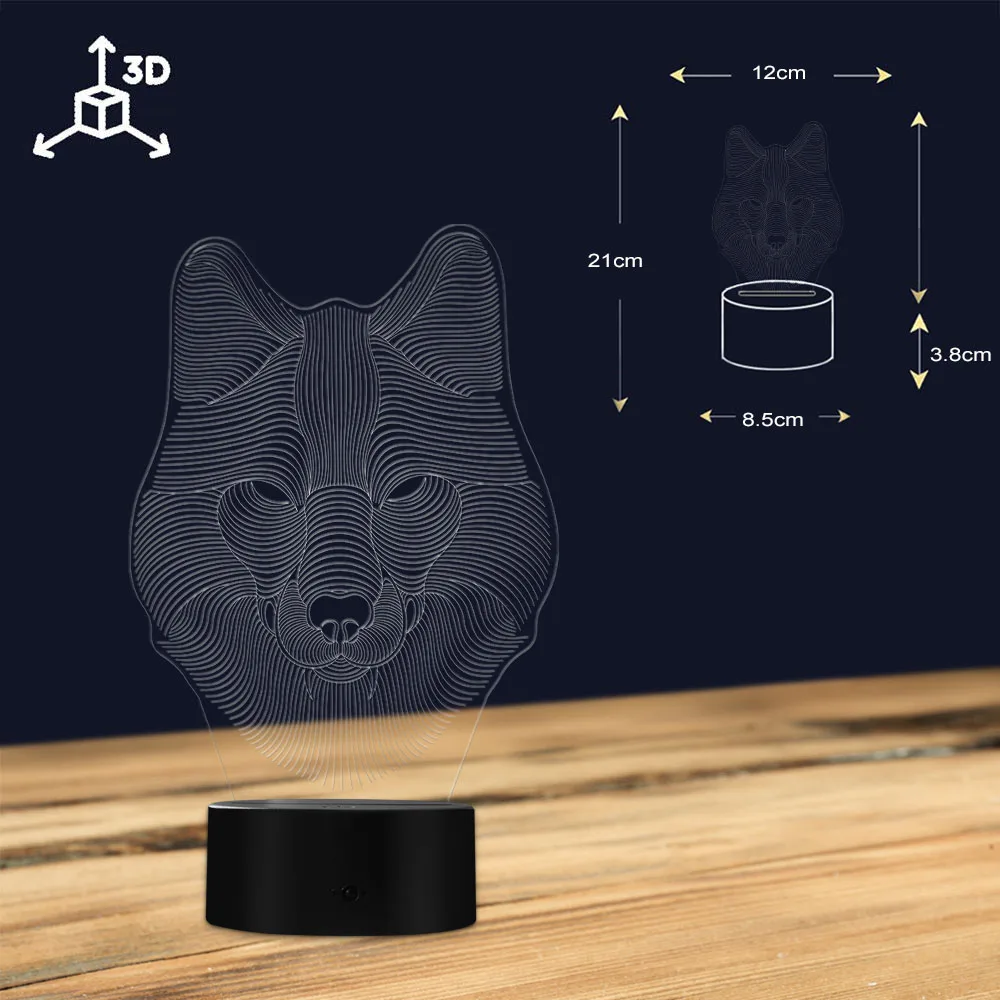 3D Wolf Head Shape Switch LED Desk Light Home Decor Atmosphere LED 3D Visual Table Lamp Colorful Gradient Novelty Night Light