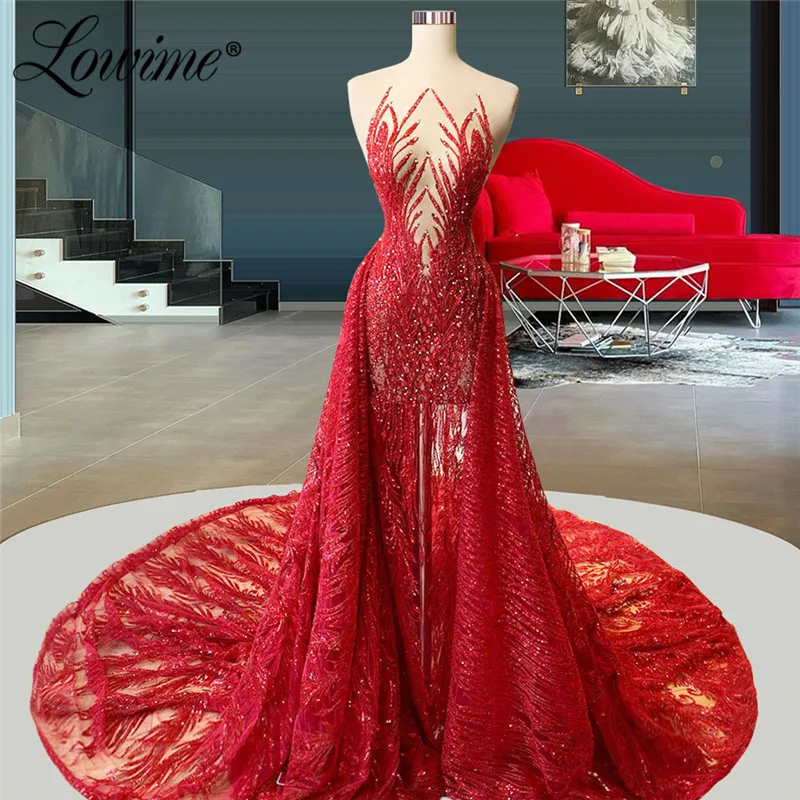 

Lowime Illusion Lace Evening Dresses Long Prom Dress 2022 Plus Size Crystals Dresses Women Party Night Celebrity Dresses Robes