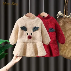 Newborn Girl Christmas Elk Dress Warm Fleece Infant Toddler Baby Thick Dress Outfit Winter 3D Catoon New Year Party 0-7Y