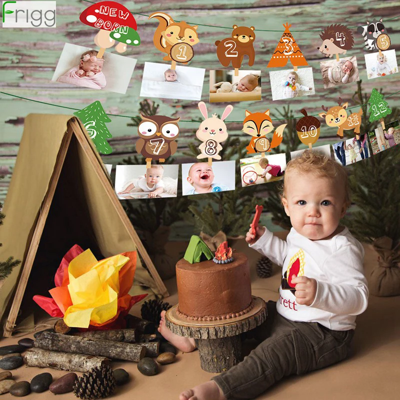 1-12 Month Photo Banner Woodland Photo Banner Happy Birthday Party Decor Baby Shower 1st Birthday Boy Girl 12 Month Photo Banner