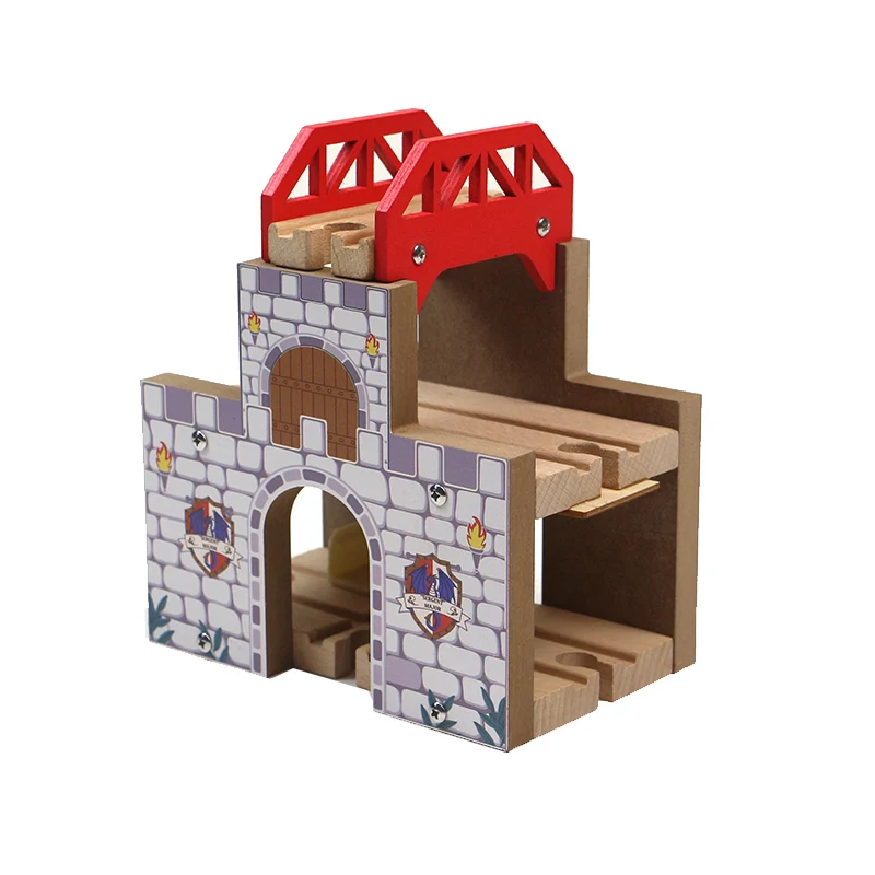 Wooden three-layer bridge station tunnel cave compatible with wooden train track building blocks children\'s educational toys X41