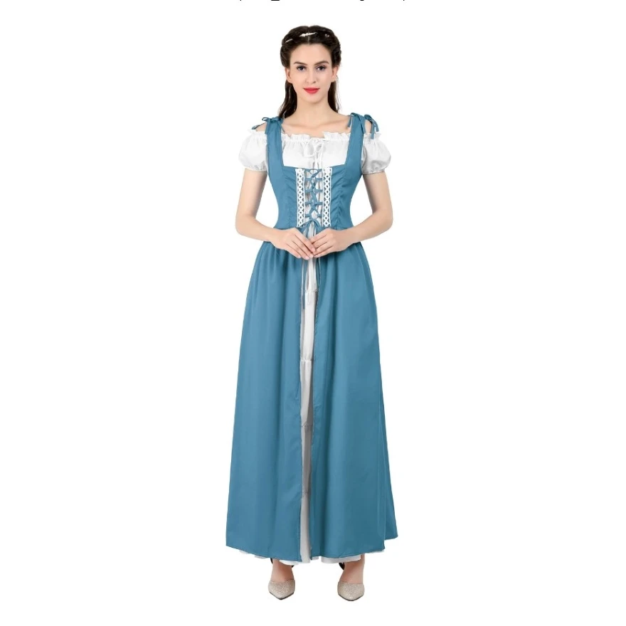 Women Renaissance Medieval Short Sleeves Long Dress Irish Vintage Patchwork Over Dress Retro Gown Cosplay Costume Plus Size