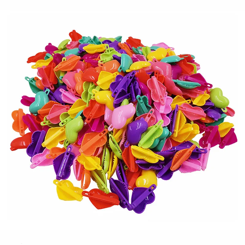 100PCS Sweet Colorful Heart Plastic side hairpins Kids girls butterfly bowhair clips hair accessories Frog bows hair barrettes