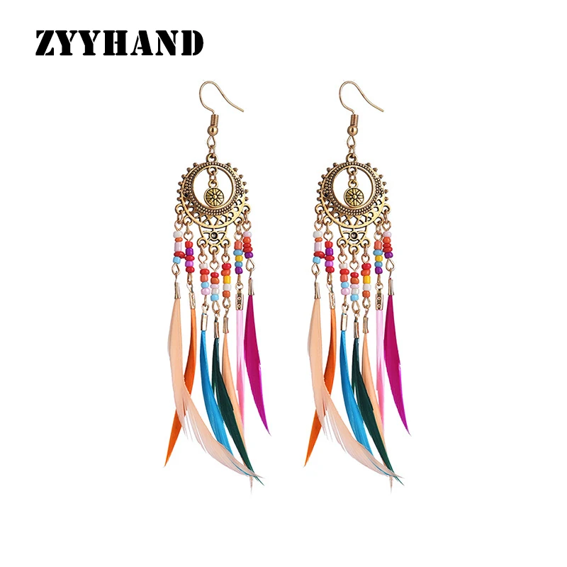 Latest Women Long Tassel Feather Earring Vintage Lady Engagement Anniversary Multi Color Casual Drop Earrings