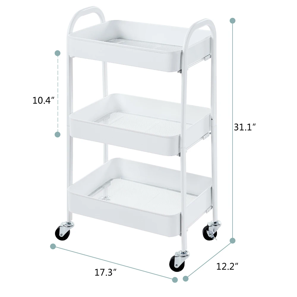 3 Tier Rolling Cart (White)  Holder Serving Cart Furniture  Bar Serving Cart  Kitchen Cart (44.3 x 30.6 x 79.5)cm(L x W x H)