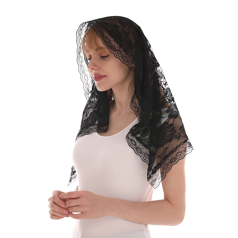 White Women's Lace Scarf for Church Prayer Shawl Embroidered Lace Veil Floral Christian Veils Spanish Mantilla Church's Pendant