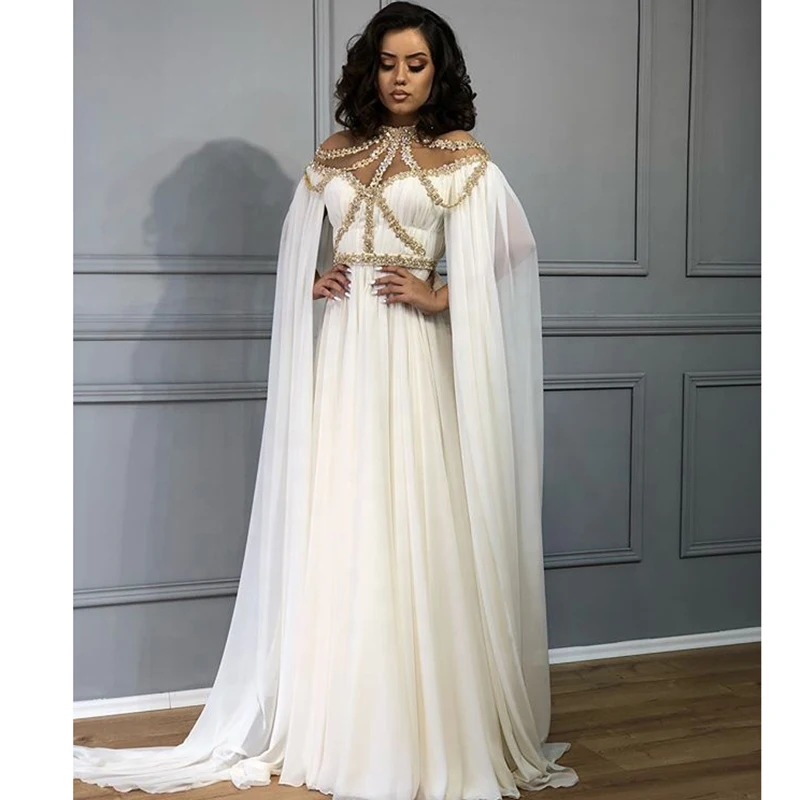 White and Gold Evening Dresses High Neck Beaded Customized Arabic Dubai Long Cape Chiffon Middle East Women Prom Dresses Party