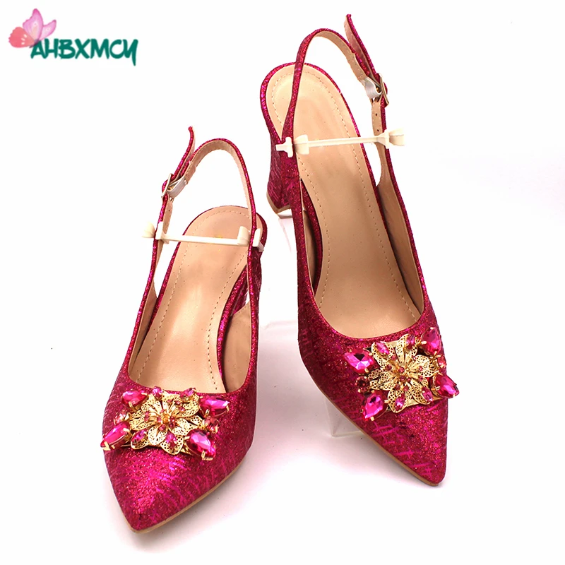 Fashionable African Shoes and Bag Set Italian Women  Fuchsia Color Nigerian Shoes with Matching Bags for Royal Wedding Party