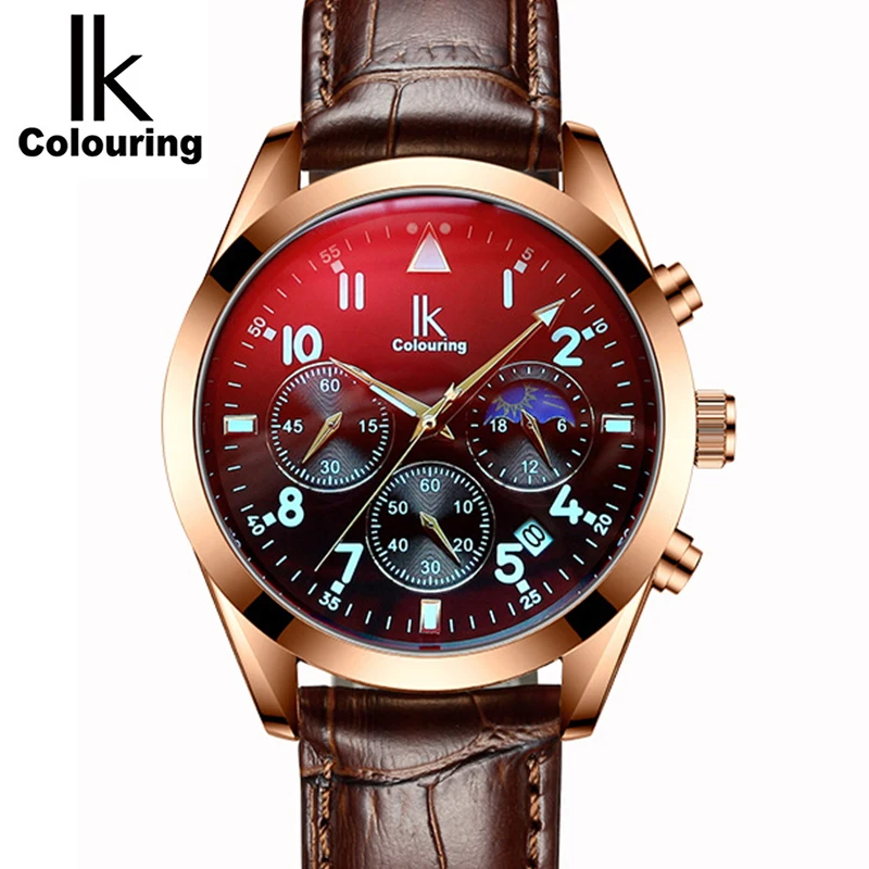 IK Colouring Relogio Masculino Luxury Watch for Men Quartz Wristwatches Luminous Waterproof Leather Strap Clock