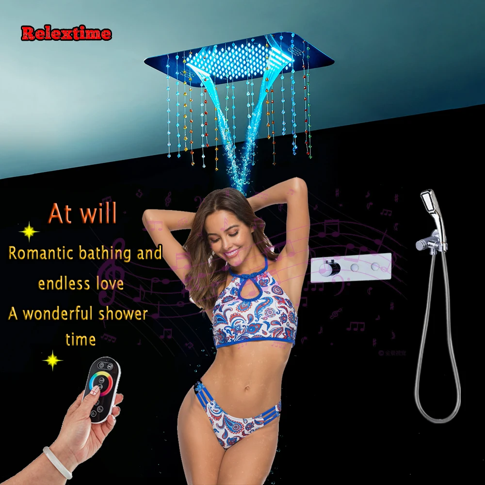 

Crystal Decoration LED Recessed Bluetooth Ceiling Mount Shower Head Concealed Thermostatic Push Button Shower Set Faucets Mixer