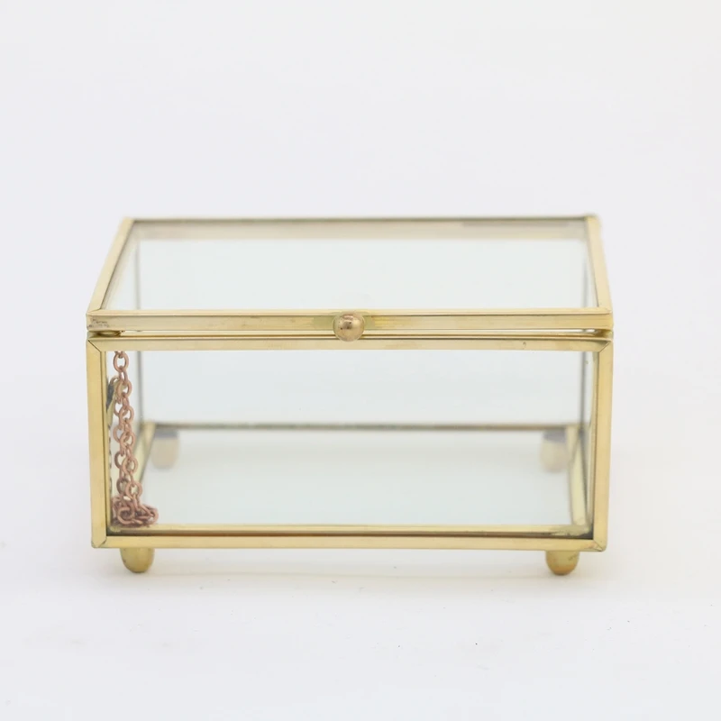 Retro Rectangle Transparent Golden Glass Ring Box Wedding Geometric Jewelry Organizer Home Decorative Box for Storage Trinket