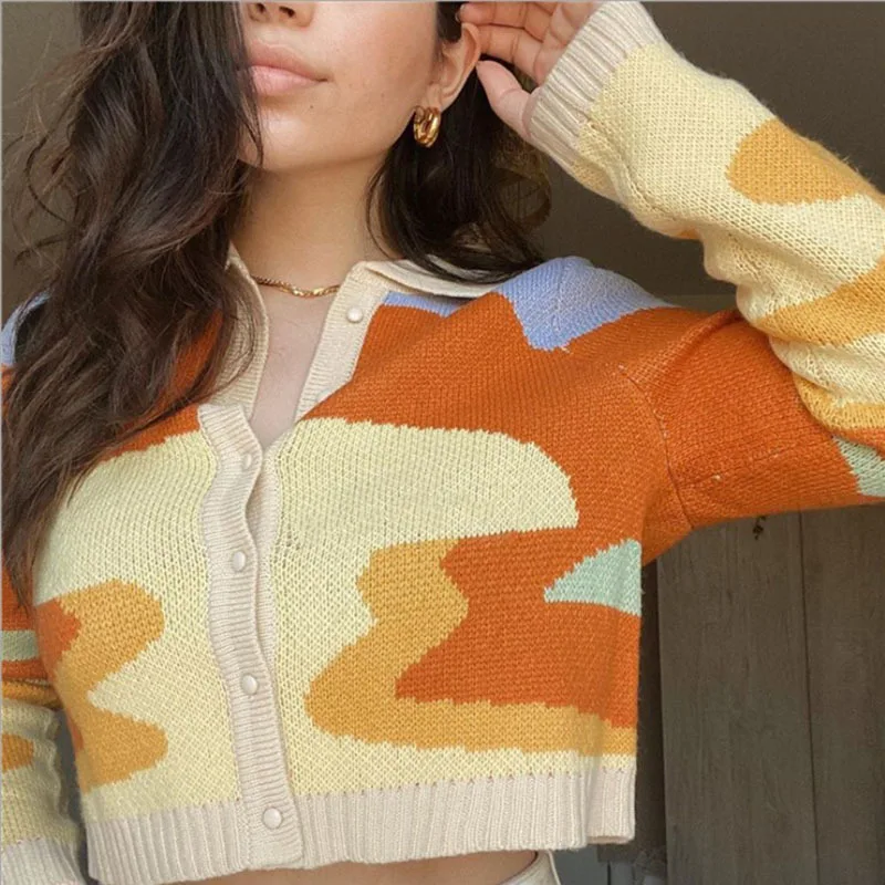 Women Spring Cardigan Vintage French Style Sunshine Print Short Knitted Sweater Fashion Single Breasted Loose Cardigans Female