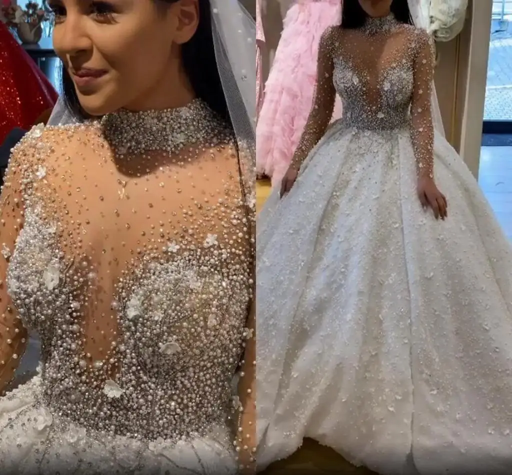 Customized 2021 Plus Size Arabic Aso Ebi Luxurious Sparkly Ball Gown Wedding Dresses Crystals Beaded High Neck Bridal Dresses Se