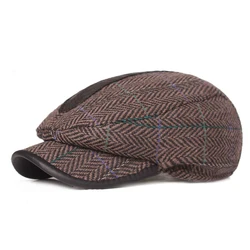 Winter Wool Tweed Flat Cap Men Large Check Newsboy Caps Fall Winter Warm Ivy Hat Cabbie Driver Retro Vintage Father Boina BLM280