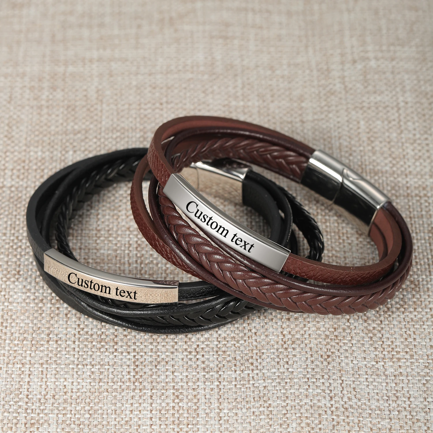 Customize EngraveName Leather Bracelets for Men Glossy Stainless Steel Layered Braided Bangle Personalized DAD Husband Christmas