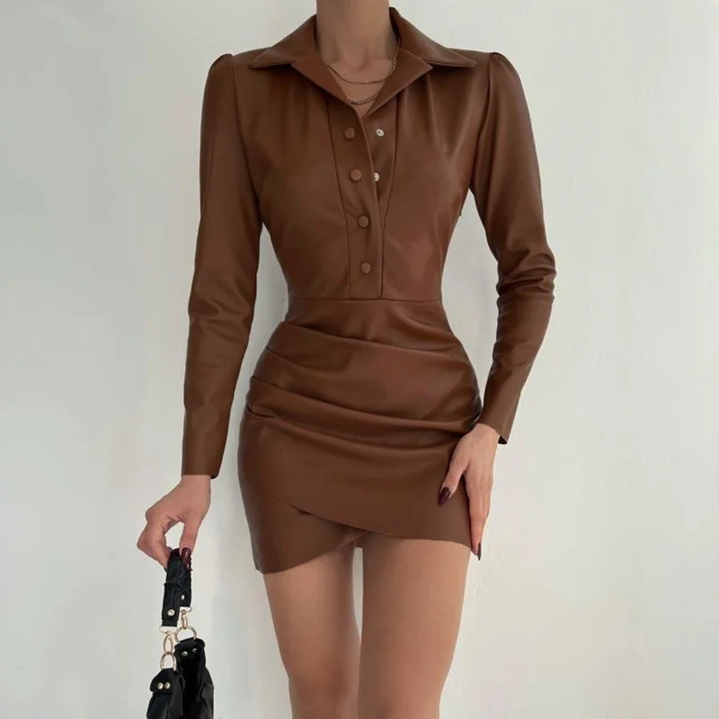 Women\'s Artificial PU Leather Dress Lapel Elastic Pleated Waist Shirt Dress Sexy Club Party Fashion Office Ladies Skirt Clothes