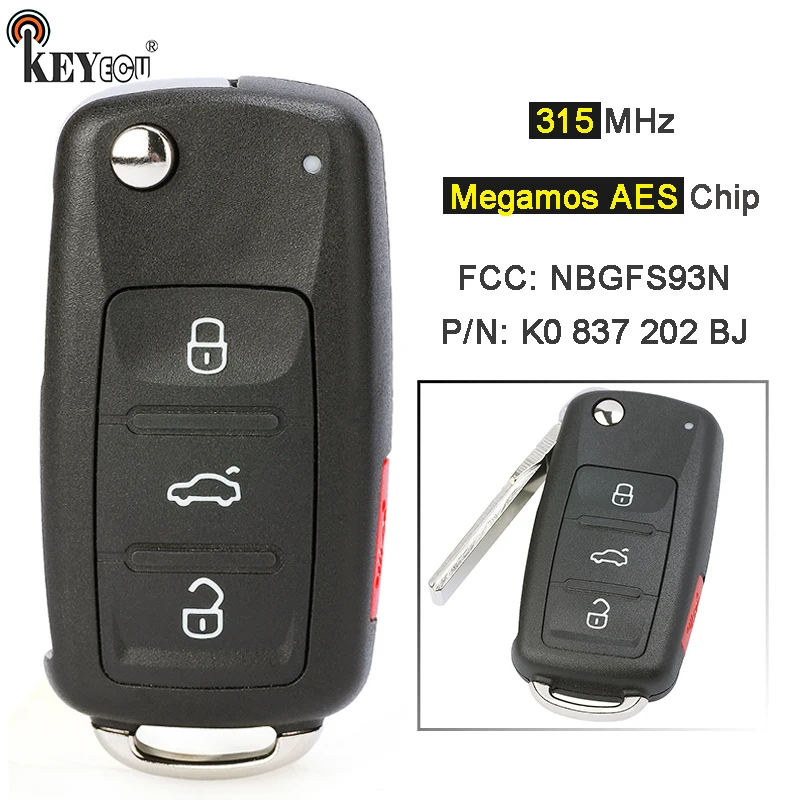 

KEYECU 315MHz Megamos AES ID88 FCC: NBGFS93N 5K0 837 202 BJ Smart Remote Key Fob for VW VolksWagen Jetta Passat Tiguan 2017 2018