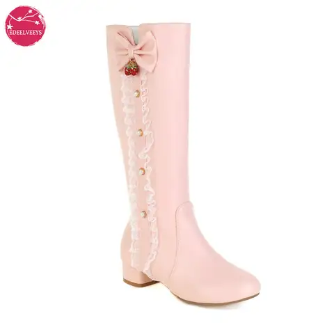 Wysokie buty damskie jesienno-zimowy boczny zamek błyskawiczny wysokie buty do kolan studenci dziewczęta słodka kokarda truskawkowa księżniczka Cosplay Wear