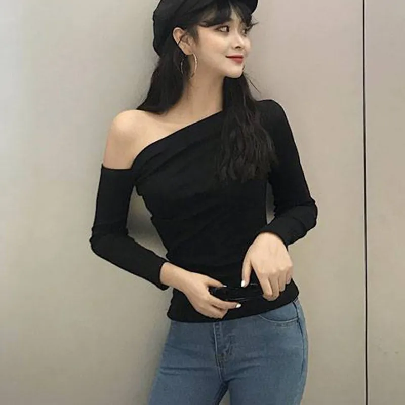 Sexy Aesthetic Off Shoulder T Shirt Women Long Sleeve Stranger Things T-Shirts Female Solid Color Slim Tee Shirt Femme