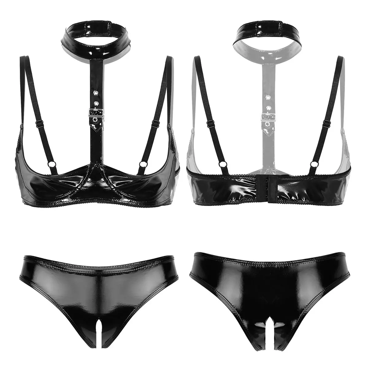 

2Pcs Womens Wet Look Patent Leather Lingerie Set Sexy Open Cups Shelf Bra Top with Open Crotch High Cut Briefs Underwear Panties