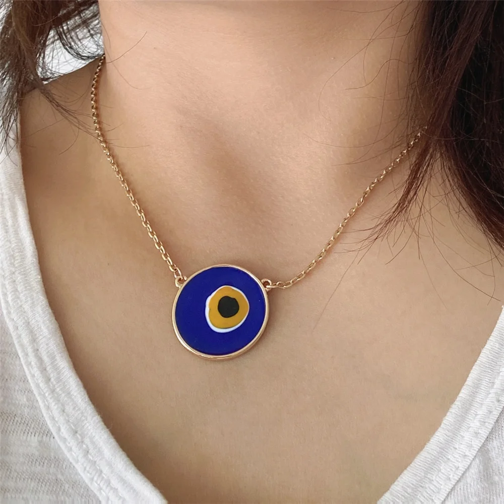 Trendy Gold Color Plating Turkish Egg on Plate Round Pendant Blue Yellow White Pink Olive Background Necklace For Women Chic