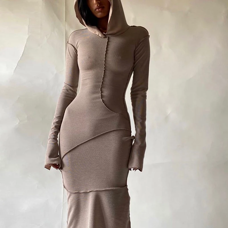 2023 Long Sleeve Hooded Patchwork Skinny Maxi Dress