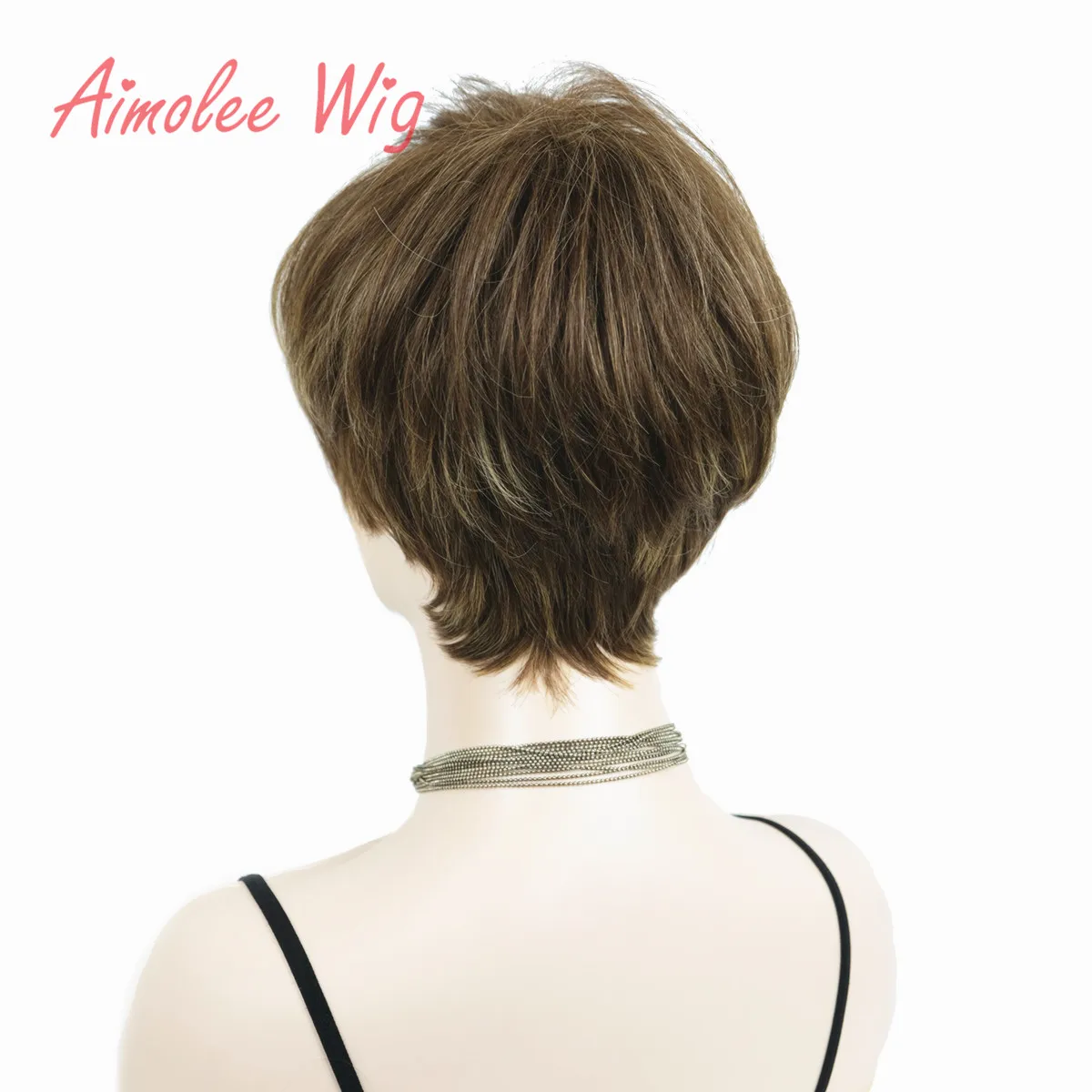 Aimolee Women\'s Wigs Caramel/Brown Asymmetric Inclined Bangs Short Straight Bob Natural Synthetic Wig