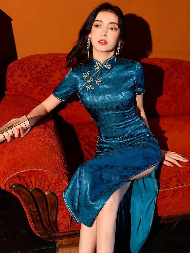 Qipao vestido de noche de seda azul, Cheongsam estampado de talla grande, tradicional, chino, Oriental