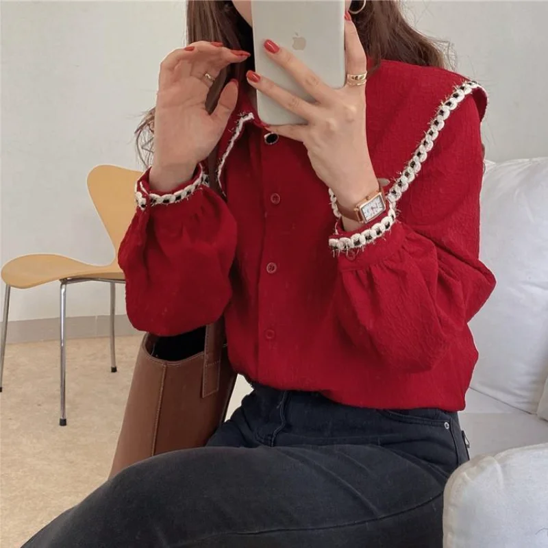 Shirts Vrouwen Peter Pan Kraag Patchwork Zoete Preppy Meisjesachtig Mode Harajuku Ulzzang All-Match Japanse Stijl Retro Nieuwe Collectie