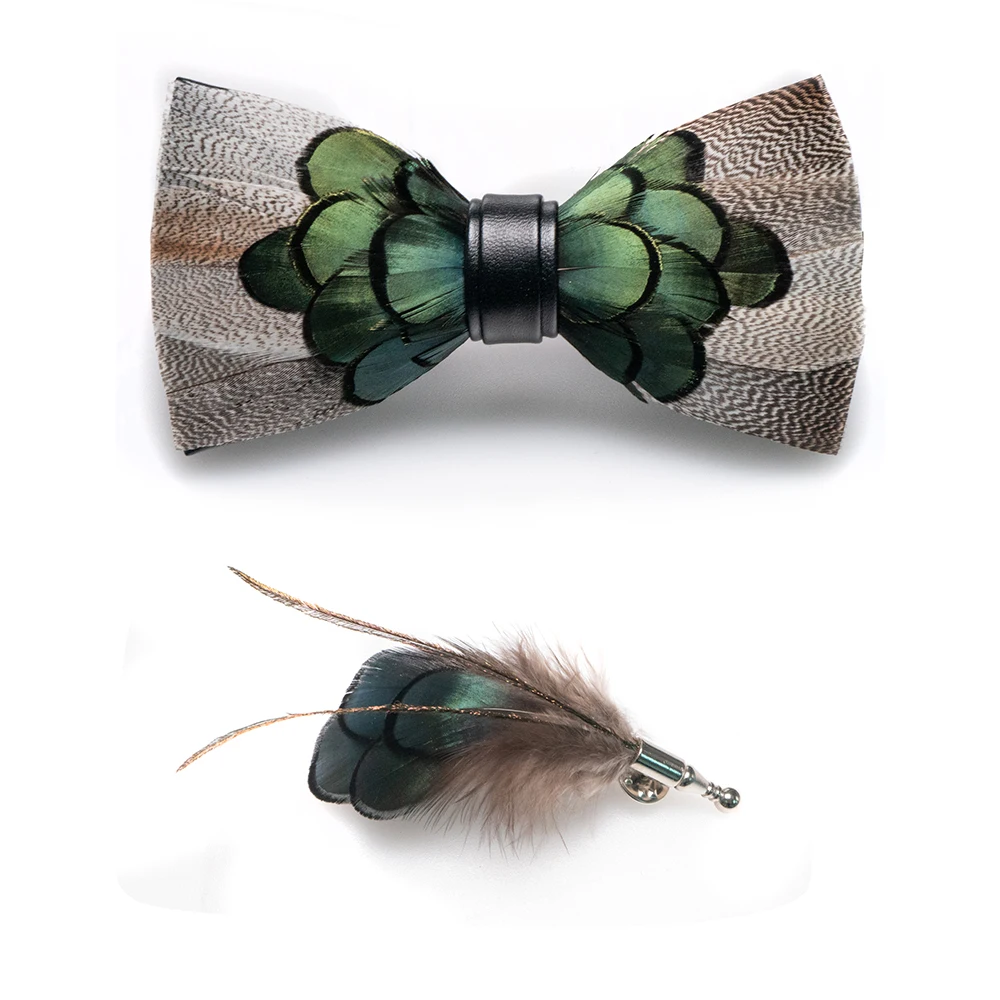 JEMYGINS original brand peacock feather bow tie handmade green bow men and women brooch gift box set wedding party accessories