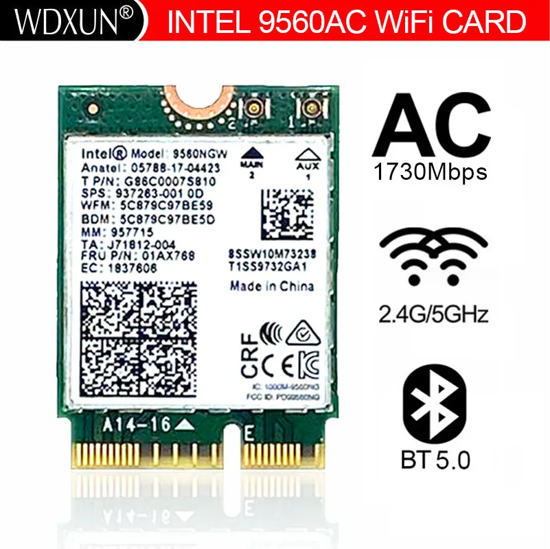 WDXUN New Dual-Band Wireless AC 9560 9560ac ac9560 for Intel 9560ngw 802.11ac  2.4G / 5G 2x2 Wi-Fi Card Bluetooth 5.0 NGFF /M.2