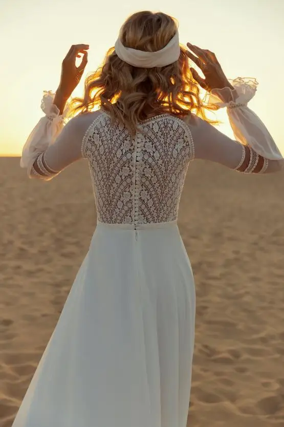 LSYX abito da sposa bohémien Vintage manica lunga in Chiffon lunghezza del pavimento in pizzo a pieghe splendido per le donne spiaggia semplice spiaggia a buon mercato