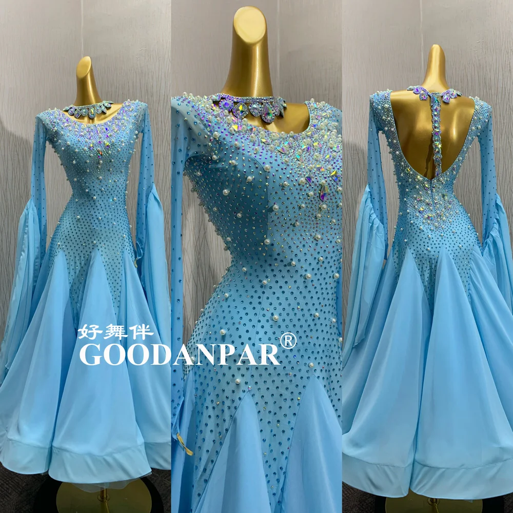 

GOODANPAR New Standard Ballroom Dance Dress Women Girls Competition Costume Lycra Waltz Stage long sleeve blue