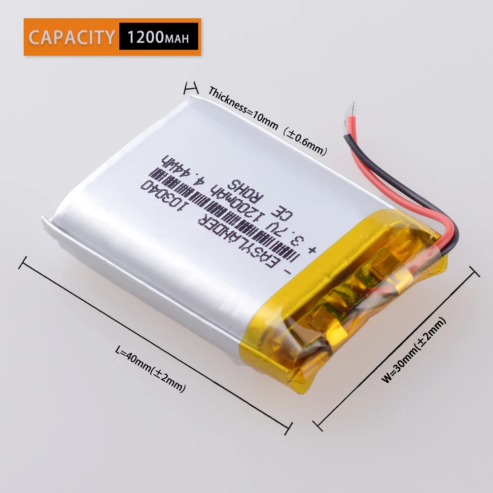 CE ROHS 3.7V 1200mAh 103040 li lithium Polymer Li-ion battery  For MP3 cell phone speaker  DVD GPS VR DVR MP4 Driving