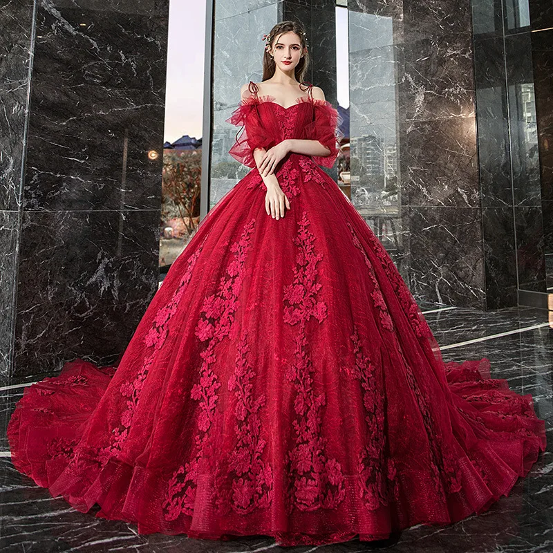 Vestido de casamento bordado de renda para mulheres grávidas, trem longo, querida, elegante, plus size, mori, bride Hepburn, vermelho, luxo, 2020, novo