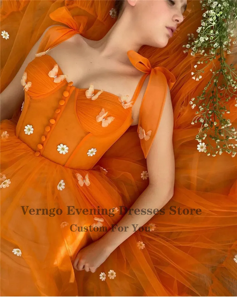 Verngo-Robe de soirée en tulle orange, ligne A, fleurs 3D, bretelles nouées, nœud noué, boutons initiés, longueur de rinçage avant, fête, Rh, quoi que ce soit, 2021