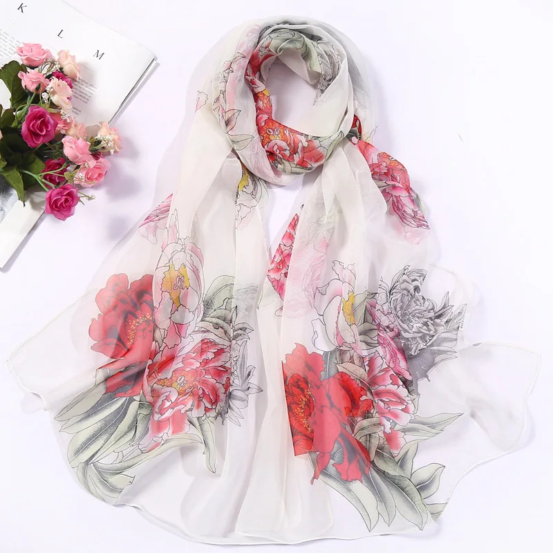 Lily Rose Flower Print Women Foulard Chiffon Georgette Bandana Scarf Long Shawl Summer Beach Sunscreen Scarf hijab Elegant Thin