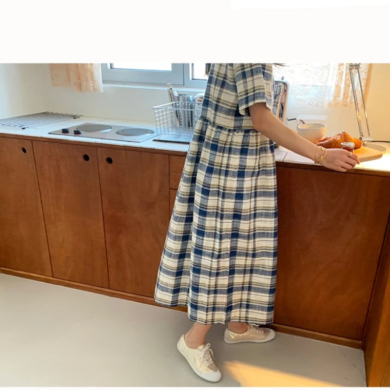 2023 Summer Women Dress Oversize Plaid Vestidos Loose Short Sleeve Female Dress Button Design Ladies Robe Clothing KE71