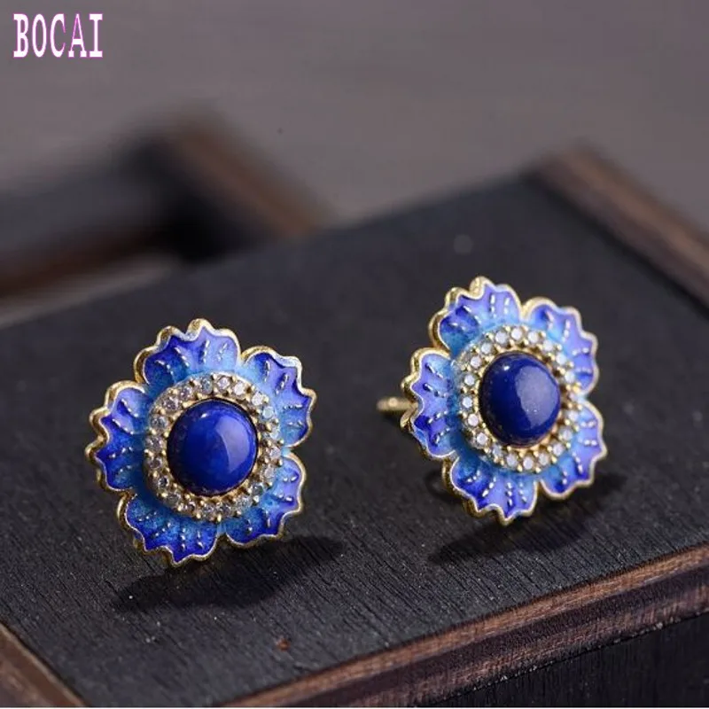 New S925 Silver Jewelry Women Fashion Burning Blue South Red Lapis  Earrings Women Silver Earrings